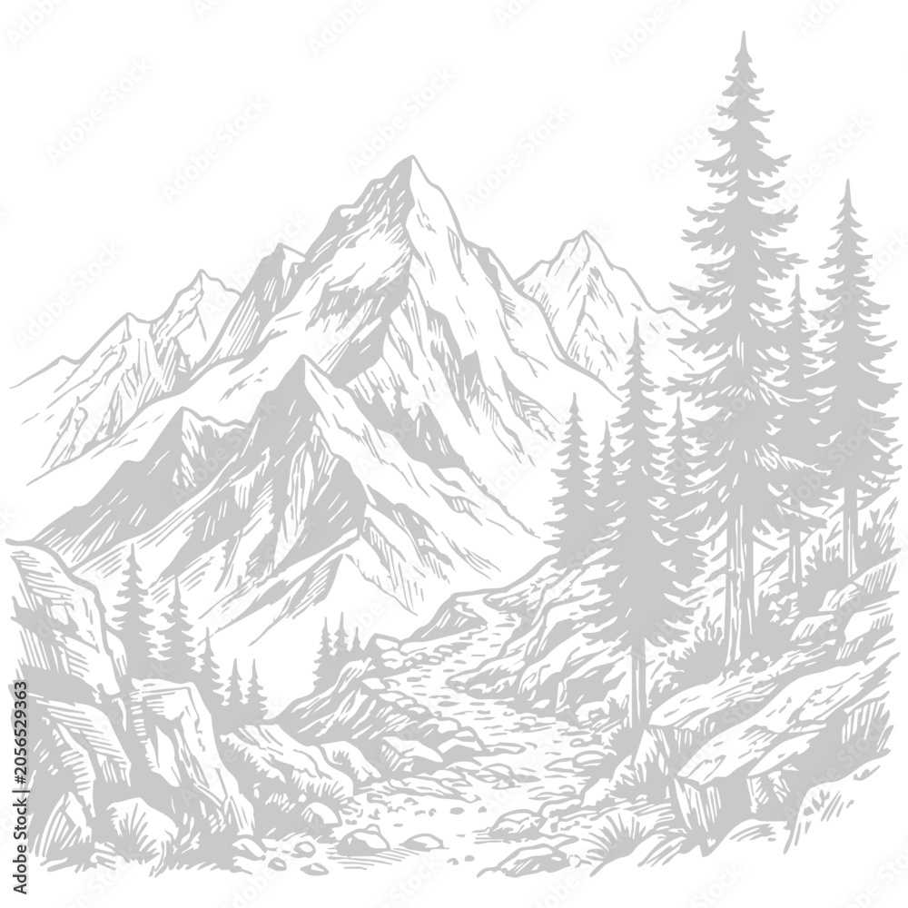 Fototapeta premium Mountain Landscape with Pine Trees Sketch