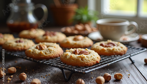 Freshly baked cookies on a cooling rack with coffee cup nearby  