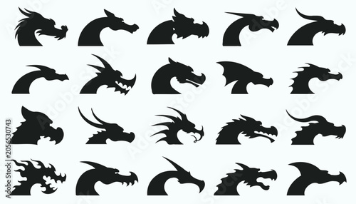 Mythical Black Dragon Head Silhouettes and Monster Profile Icons Set