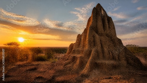 Photos A large termite mound with stepped contours under a warm sunset sky