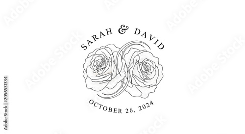 A romantic wedding invitation illustration features intertwined roses with names and date