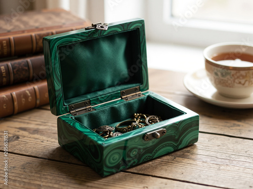 Vintage green jewelry box with brass accessories on wooden table  
