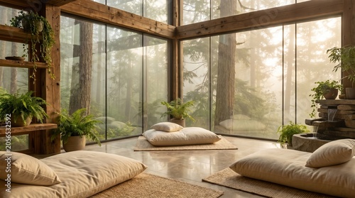 Luxury meditation retreat room overlooking dense forest landscape, floor-to-ceiling panoramic windows, natural wood finishes, organic cotton cushions, soft misty morning atmosphere, biophilic design