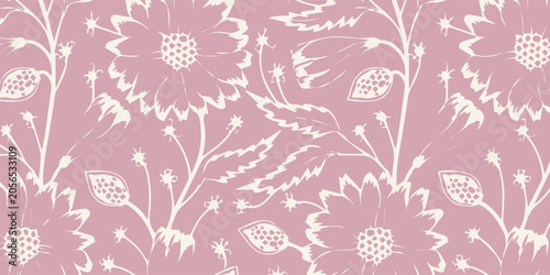 Delicate Floral Pattern with Stylized Blooms and Foliage on a Soft Pink Background.
