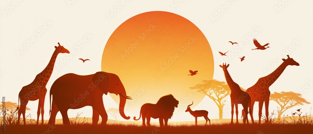 Fototapeta premium African Safari Animal Illustrations Set with Various Wildlife Characters