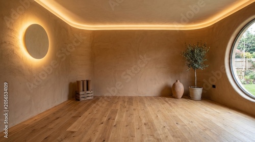 Modern yoga studio room with clay walls, natural oak flooring, indirect lighting, minimalist decor