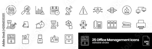 25 Office Management Icons Set – Business Administration, Workplace, Productivity and Corporate Editable Stroke Vector Collection