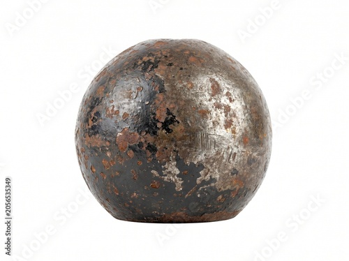 Close up of a rusty metal cannonball with chipped paint and scratches on a white background