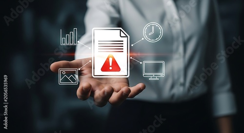 Hand holding document with red warning symbol and surrounding for data analysis alert danger error