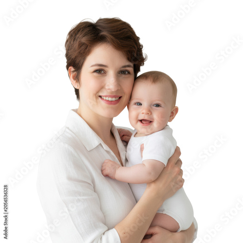 Young caucasian mother in white linen blouse holding her infant baby in white onesie, both smiling in a bright studio against a soft white background, pure familial love concept