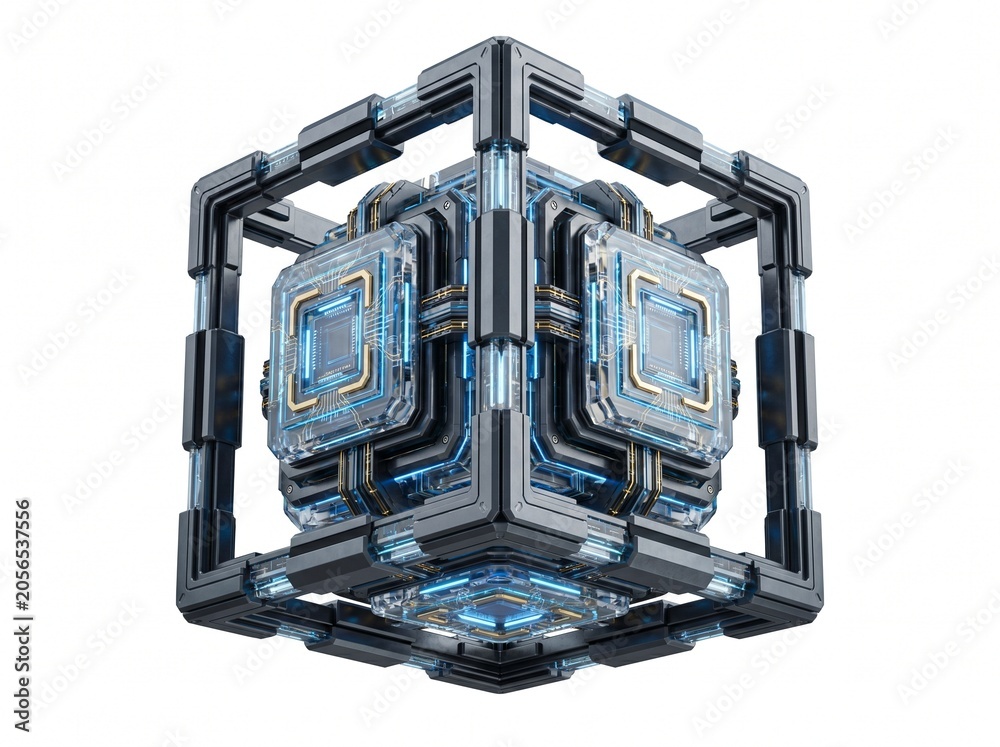 Fototapeta premium Futuristic Quantum Computer Core with Glowing Blue Circuits and Metallic Structure on White Background