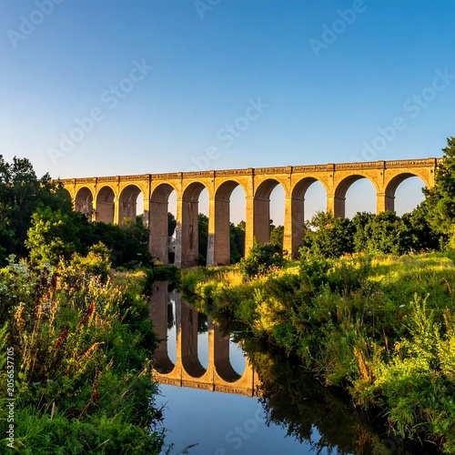 Sunlit Stone Aqueduct Spanning Calm River in Lush Countryside Landscape