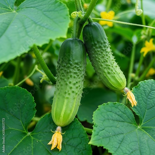 Two green cucumbers hanging from a plant with yellow flowers and leaves