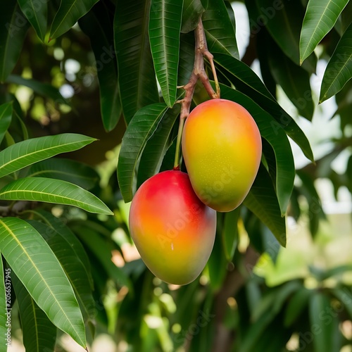 Two ripe mangos hanging from a tree branch with green leaves
