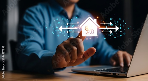 Person touching glowing house with percentage symbol and arrows on dark background home