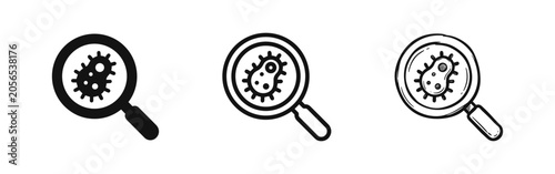 Tableau sur toile Virus and Magnifying Glass Icon Set: Solid, Outline, and Hand-Drawn Styles for M