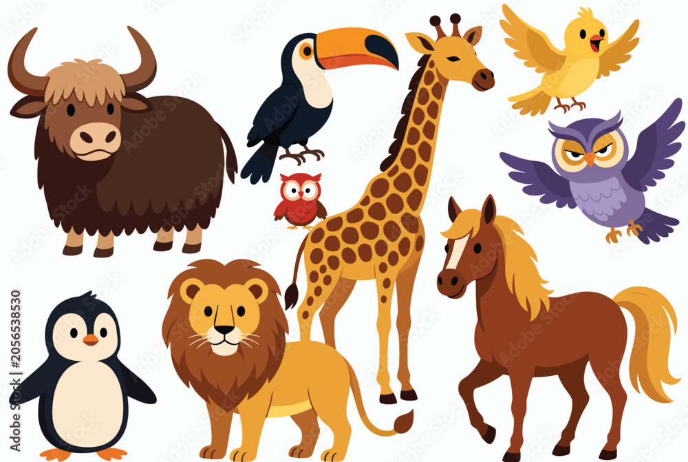 Fototapeta premium Wide variety of colorful cartoon animals including a lion, giraffe, horse, penguin, toucan, owl, and yak for children's content.
