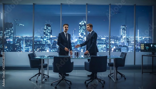 Two Confident Businessmen Shaking Hands in Modern Office at Night