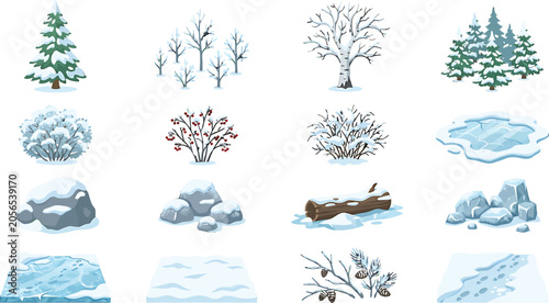 Winter nature elements set with snowy trees bushes rocks and ice patches for game design vector illustration