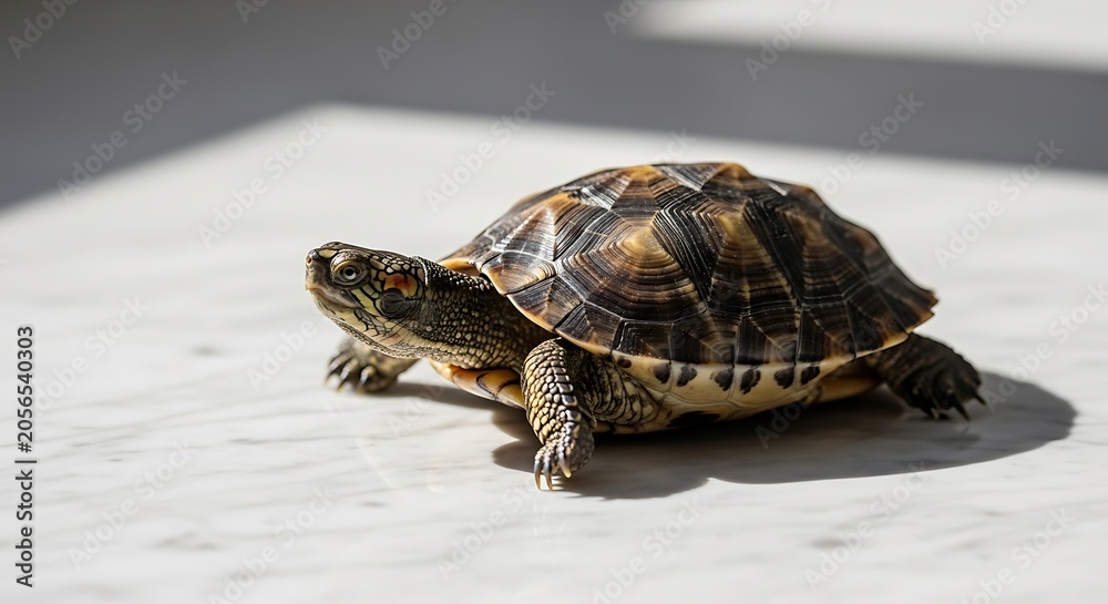Obraz premium Small turtle on white surface.