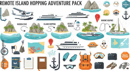 Foto Remote Island Adventure Travel Vector Collection with Seaplane Transport, Yacht