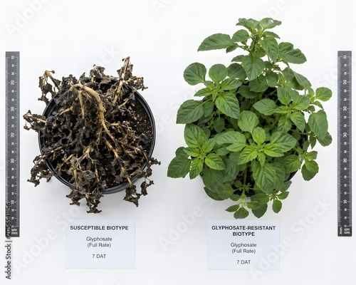 Glyphosate-Resistant Waterhemp — Comparative Spray Outcome Flat Lay Weed Side-by-side flat-lay of susceptible vs glyphosate-resistant Amaranthus tuberculatus plants 7 days after full-rate glyphosate.