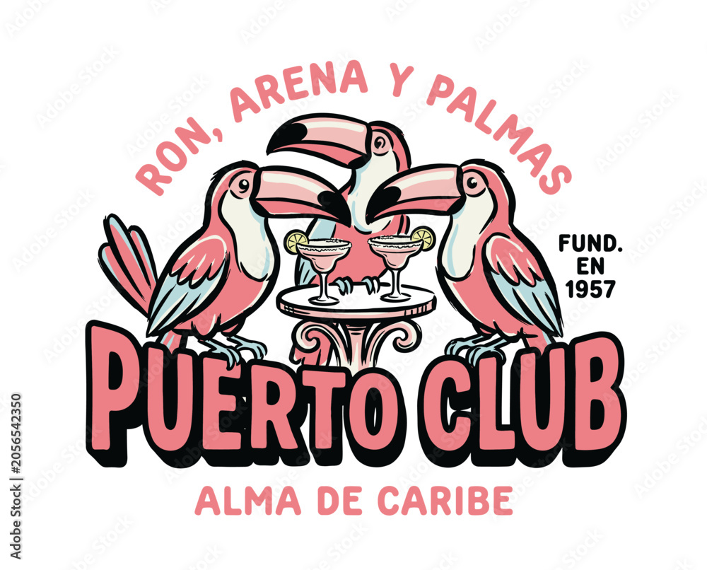 Obraz premium Retro Puerto Club tropical toucan illustration. Pink birds sharing Caribbean cocktails. Vintage resort travel poster graphic.