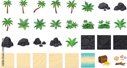 Tropical island game assets set with palm trees, rocks, sand textures, and treasure chest vector illustration