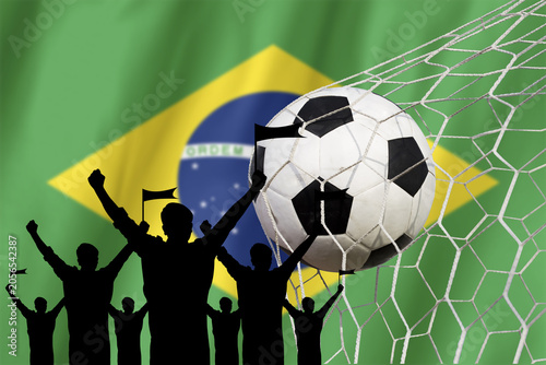 Silhouettes Of Soccer Fans With Flag Of Brazil .Cheer Concept