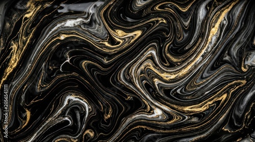 A dark black background showcases a mesmerizing swirl of gold and white paint, creating an abstract pattern resembling marble.
