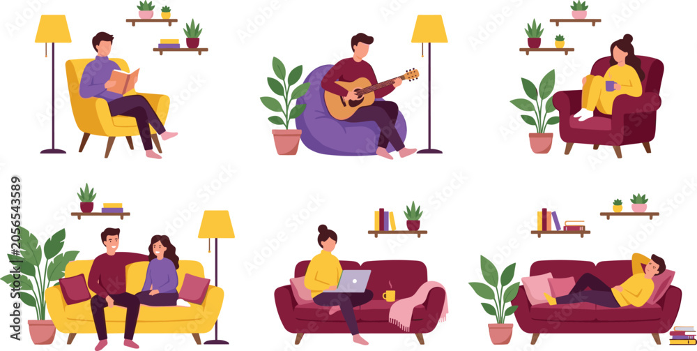 Fototapeta premium Cozy Home Lifestyle Scene Set with People Reading, Playing Guitar, Using Laptop, and Relaxing on Sofa for Interior and Leisure Illustrations