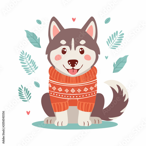 Cute Husky Dog Wearing a Cozy Sweater