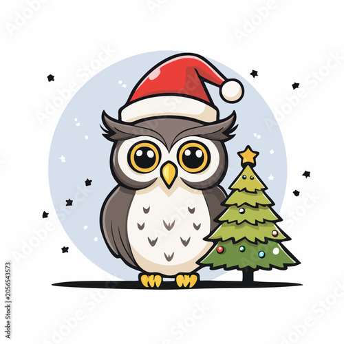Cute Owl Wearing Santa Hat Next to Christmas Tree