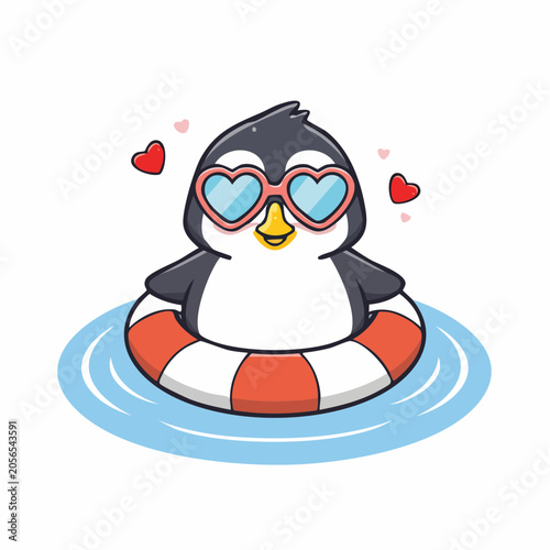 Cute Penguin Wearing Heart Sunglasses Floating on Inner Tube