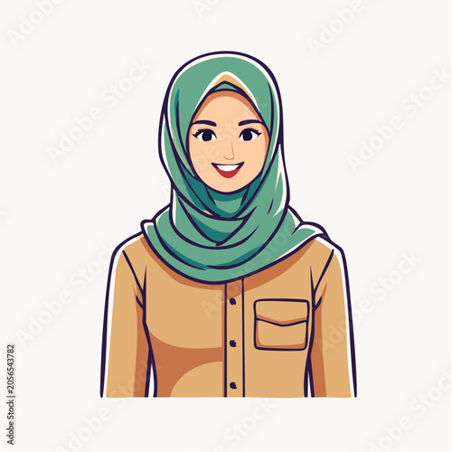 Smiling Woman Wearing a Green Hijab and Brown Shirt