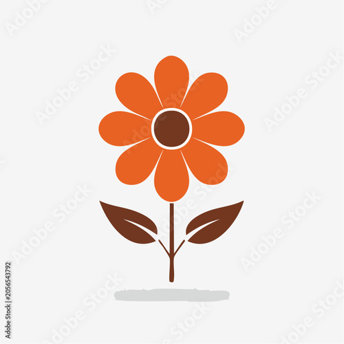 Stylized Orange Flower with Brown Center and Leaves