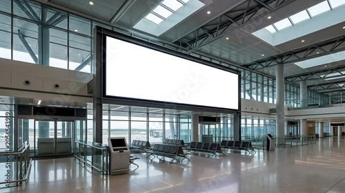 A large blank white mockup screen hangs in a modern airport hall