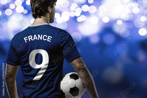 France football player jersey number nine with stadium lights, national team sports portrait and professional match concept