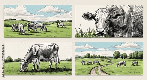 Hand Drawn Dairy Cows Grazing in Green Pasture Countryside Scene Set