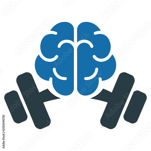 Blue vector of a human brain lifting barbells, symbolizing mental strength and cognitive training.