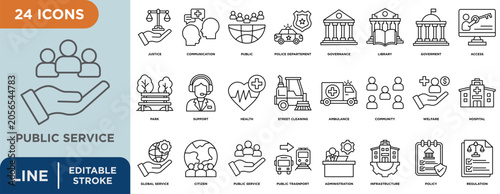 Public service Prevention line icon set with editable stroke for public transport, public, police department, governance, library, and government