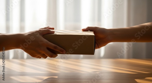 Hands exchanging a brown cardboard box.