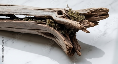 Driftwood piece on white surface.