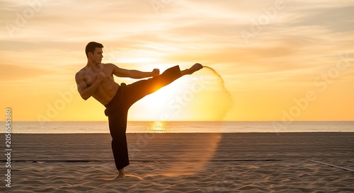 Man practicing martial arts on beach.