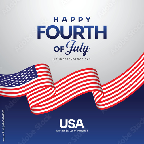 Happy 4th of July Fourth of July US Independence Day Typography with Waving USA Flag on White Background