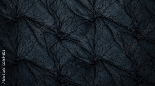 A close-up image reveals a textured, dark surface resembling tree bark. The intricate network of branches and veins creates a complex, organic pattern.