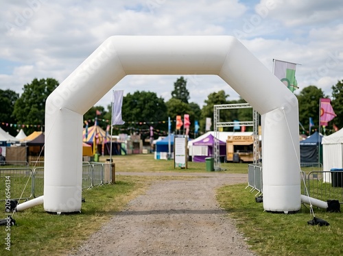 Large inflatable white arch serves as mockup for festival entrance