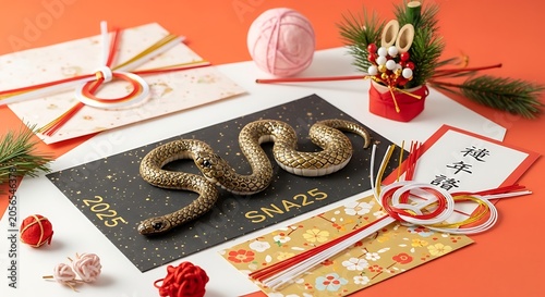 Decorative Snake Figurine Arranged with Japanese New Year Cards on Orange Background