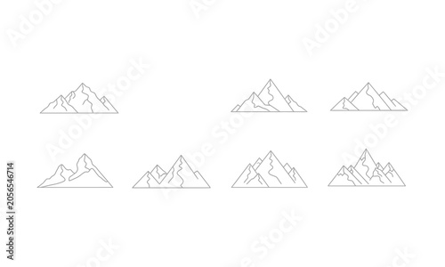 Minimalist mountain range silhouettes line art set for outdoor branding and adventure design elements