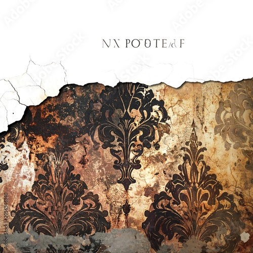 Aged Ornate Damask Wallpaper Peeling on Cracked Plaster Wall Background